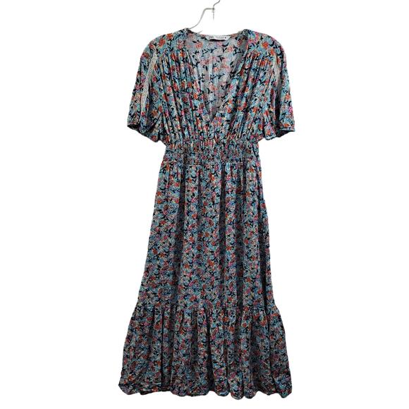Zara Dresses & Skirts - Zara Blue & Red Floral Midi Dress Short Sleeve Size L 4924-1134